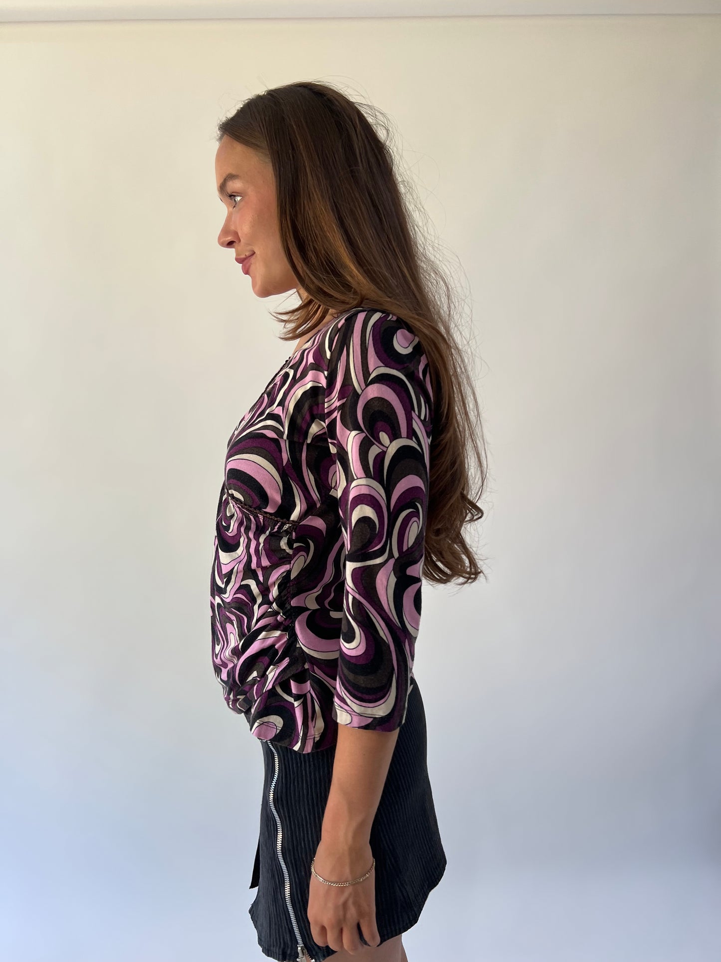 back to school drop purple black and white swirl print top detail