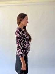 back to school drop purple black and white swirl print top detail