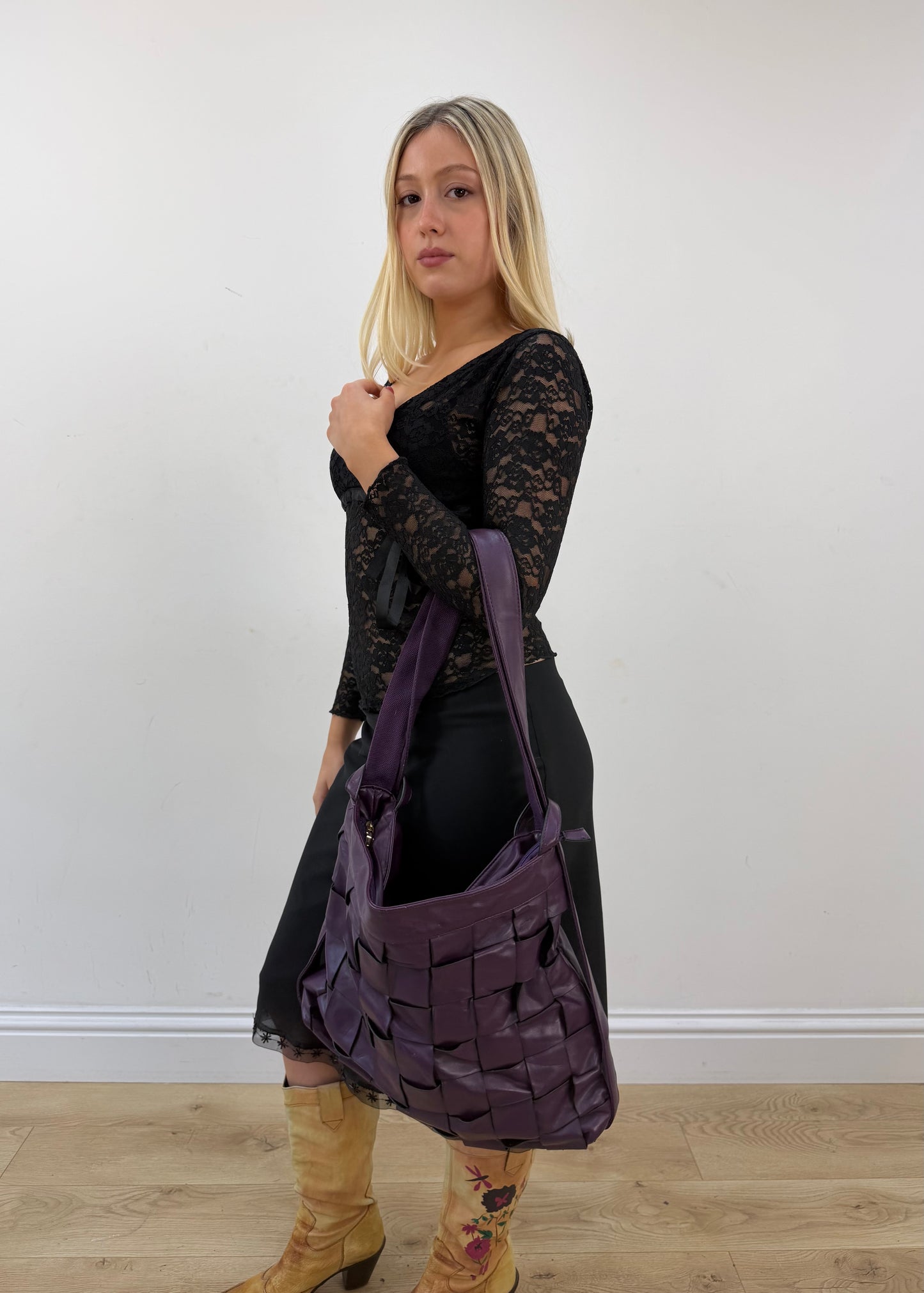 large purple woven leather shoulder bag 1