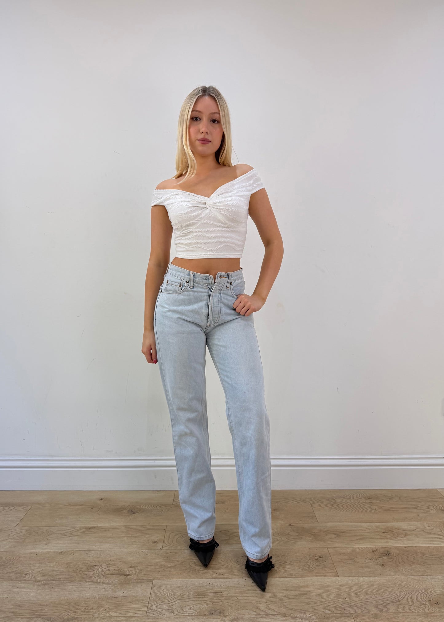 medium blue denim cropped jeans with faux fur detail