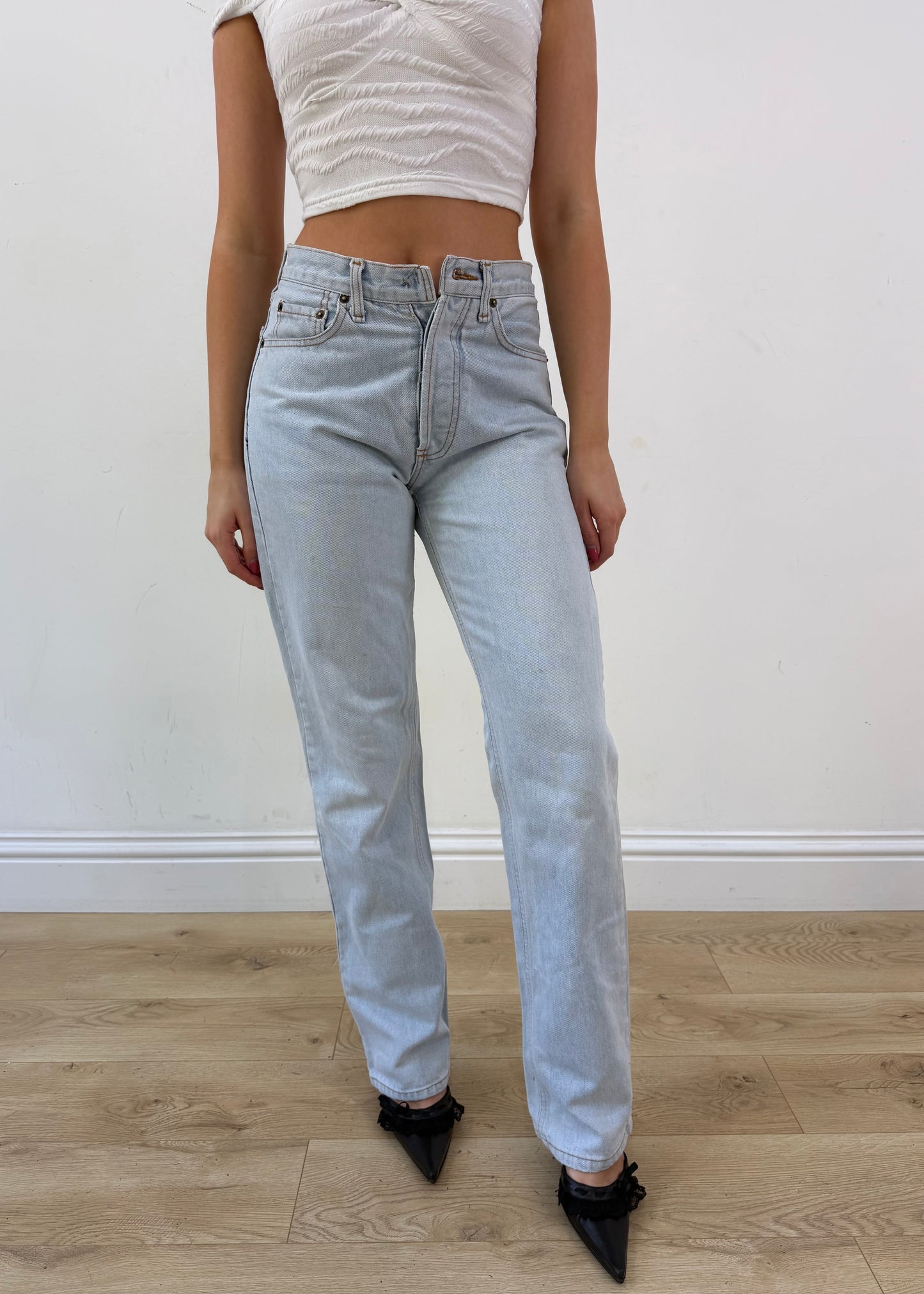 medium blue denim cropped jeans with faux fur detail