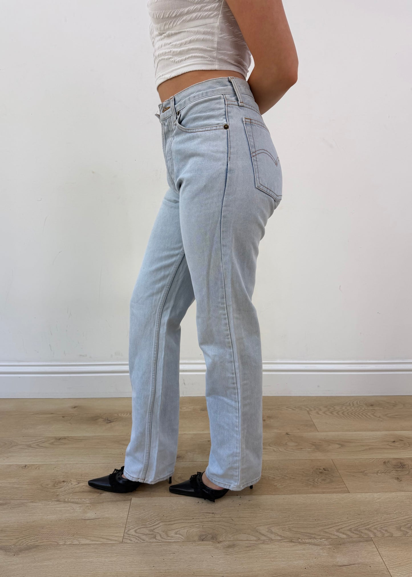 medium blue denim cropped jeans with faux fur detail