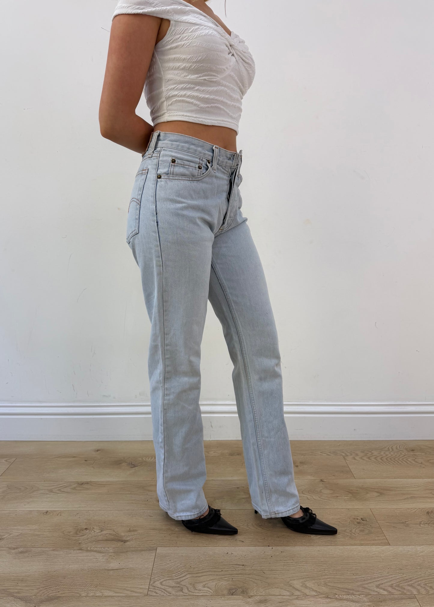 medium blue denim cropped jeans with faux fur detail