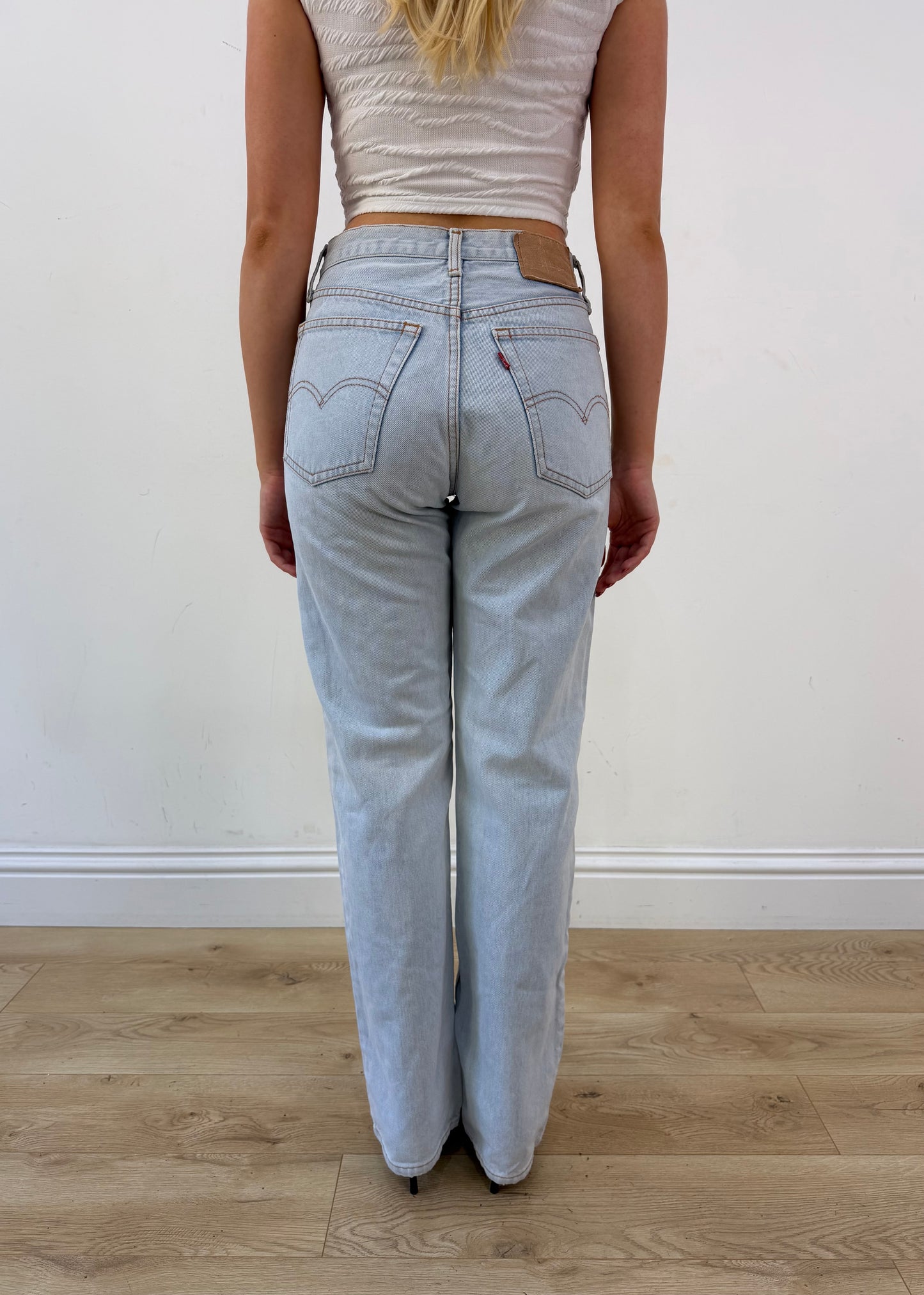 medium blue denim cropped jeans with faux fur detail