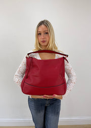 large red leather shoulder bag with gold zip 2