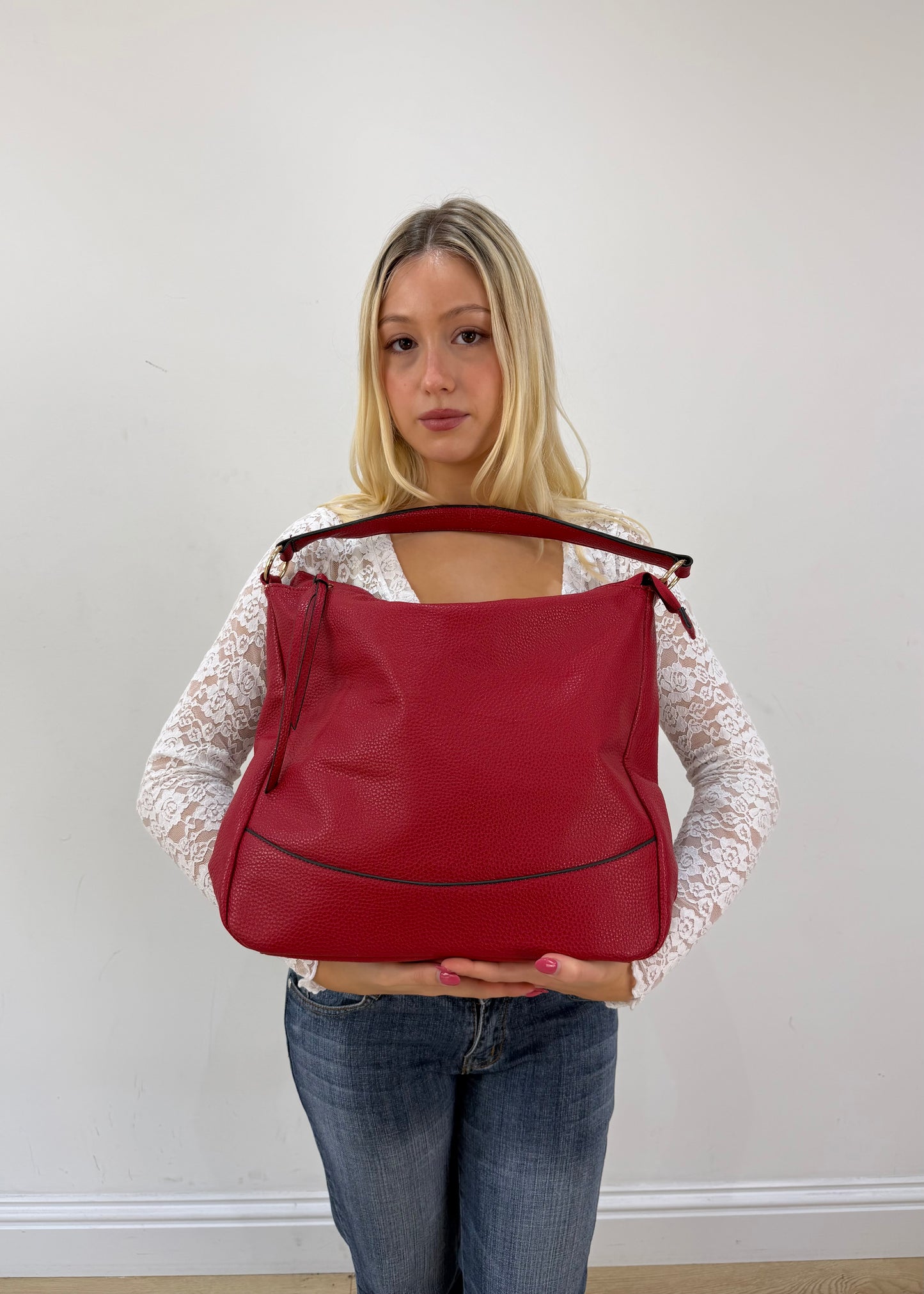 large red leather shoulder bag with gold zip 2
