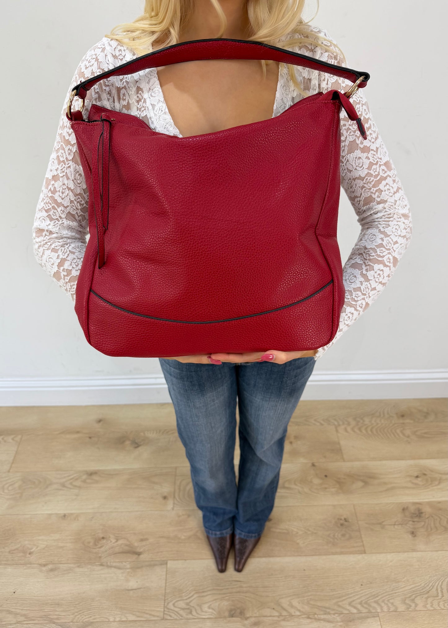 large red leather shoulder bag with gold zip 3