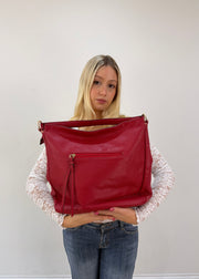 large red leather shoulder bag with gold zip 4