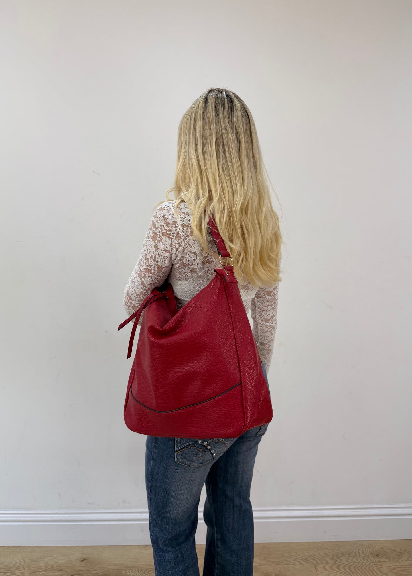 large red leather shoulder bag with gold zip 5