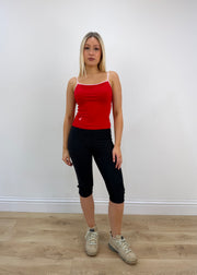 small red cami top with white detailing