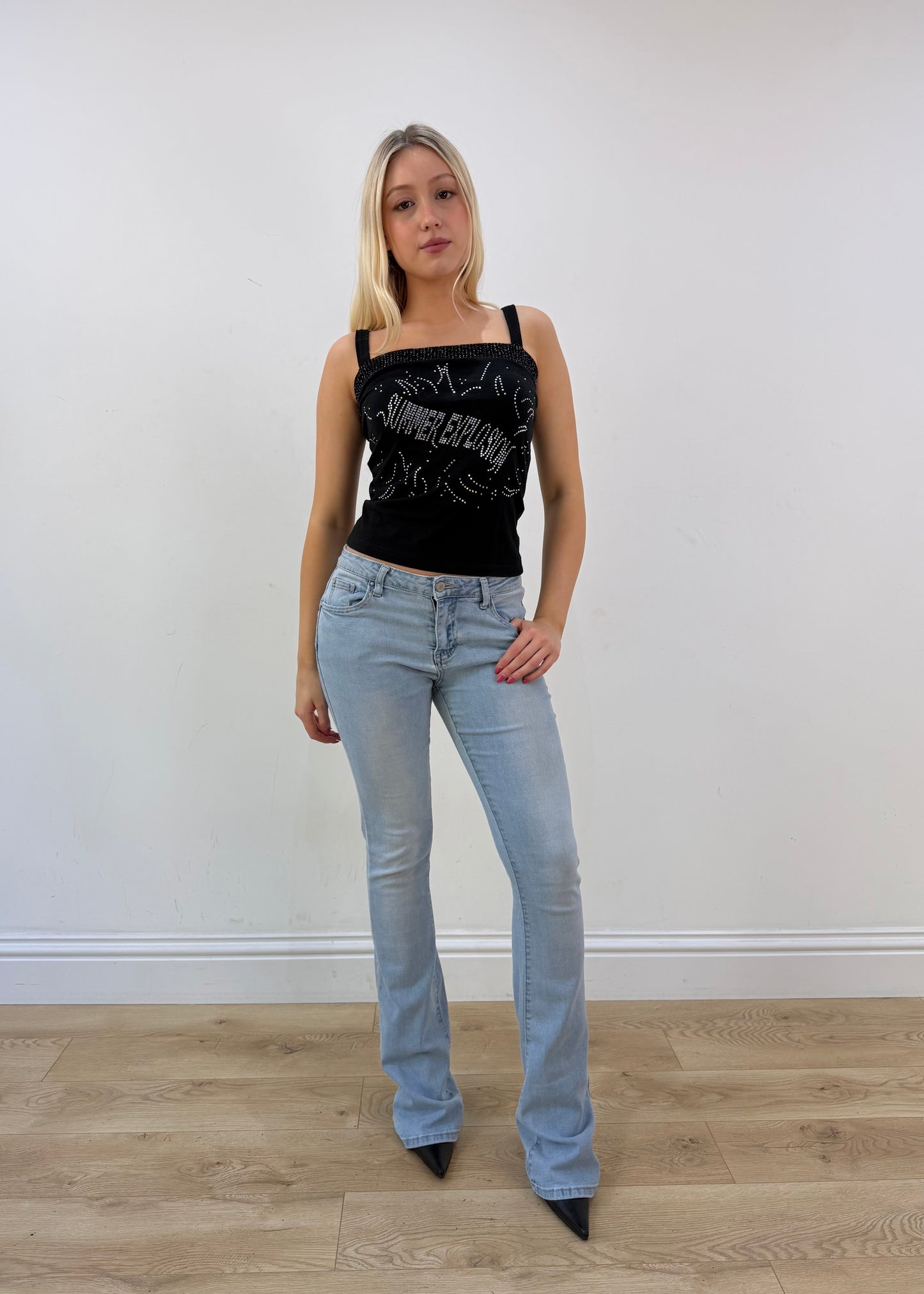 small black graphic rhinestone cami top