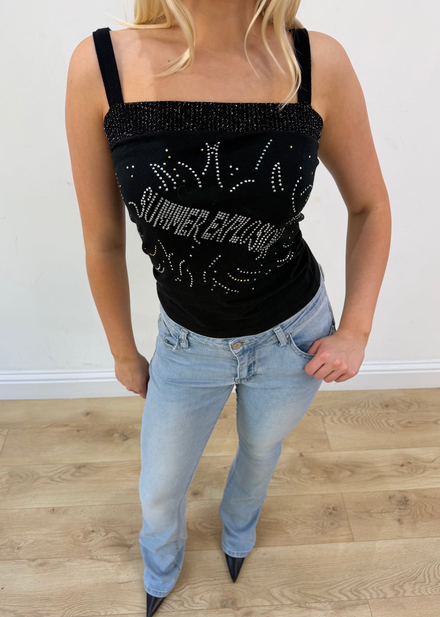 small black graphic rhinestone cami top
