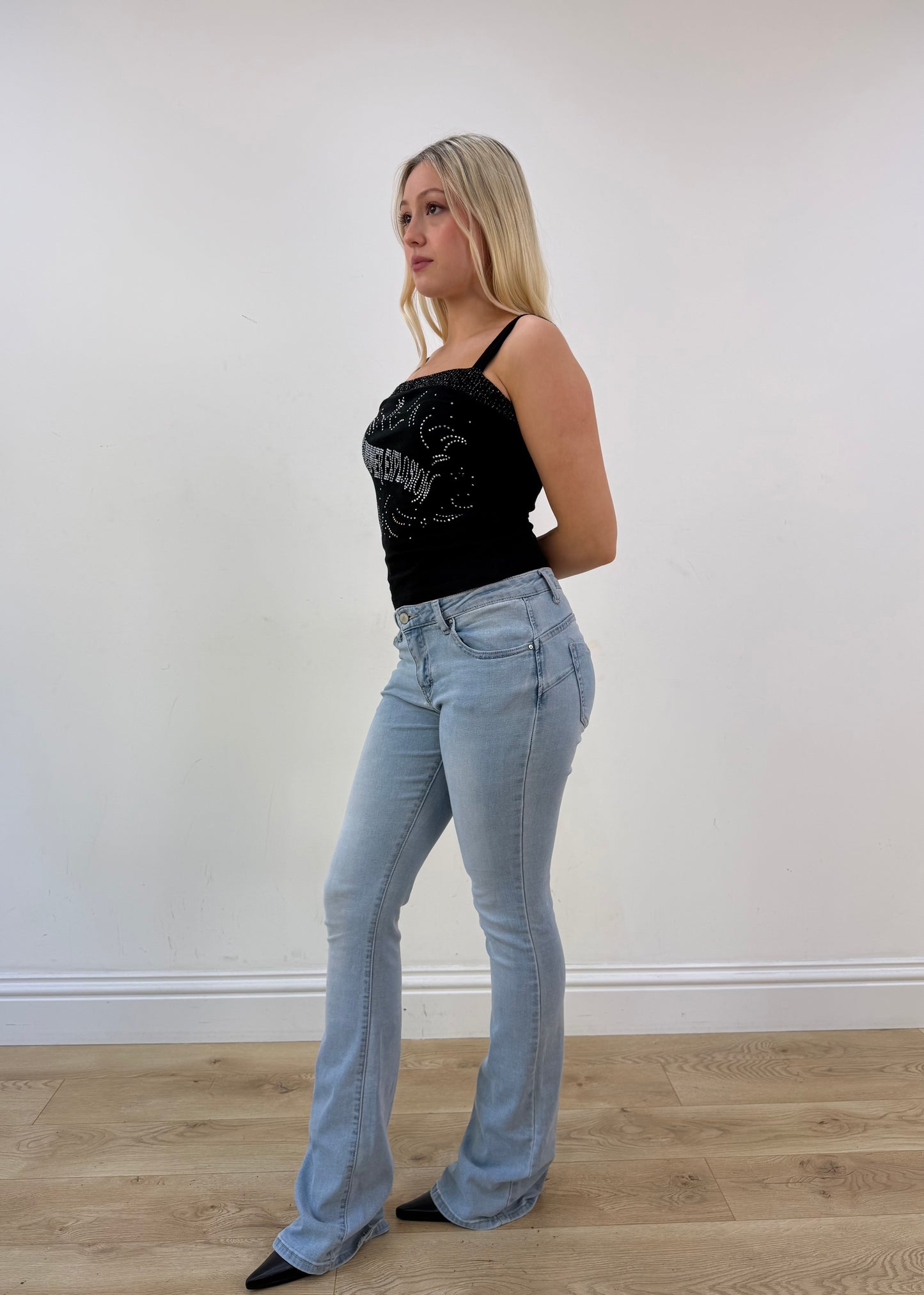 small black graphic rhinestone cami top