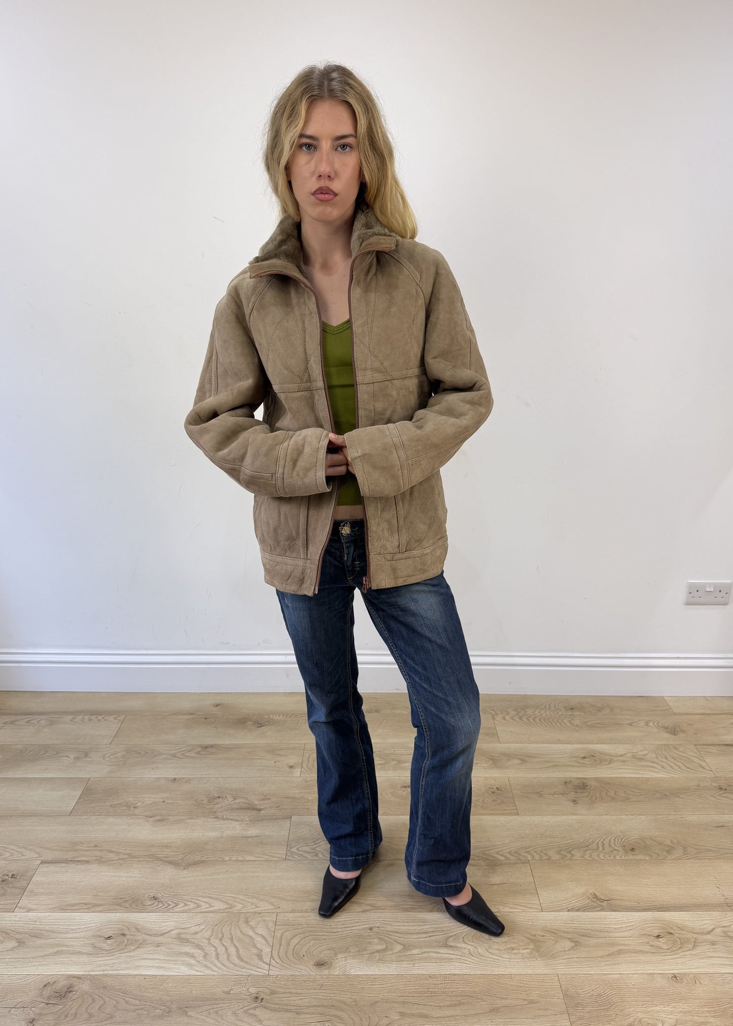 large beige faux suede jacket photo 4