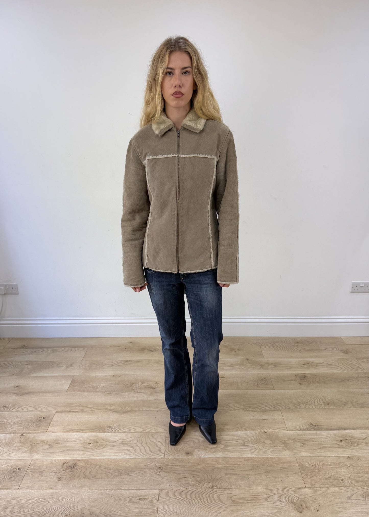 medium grey suede style zip up jacket photo 1