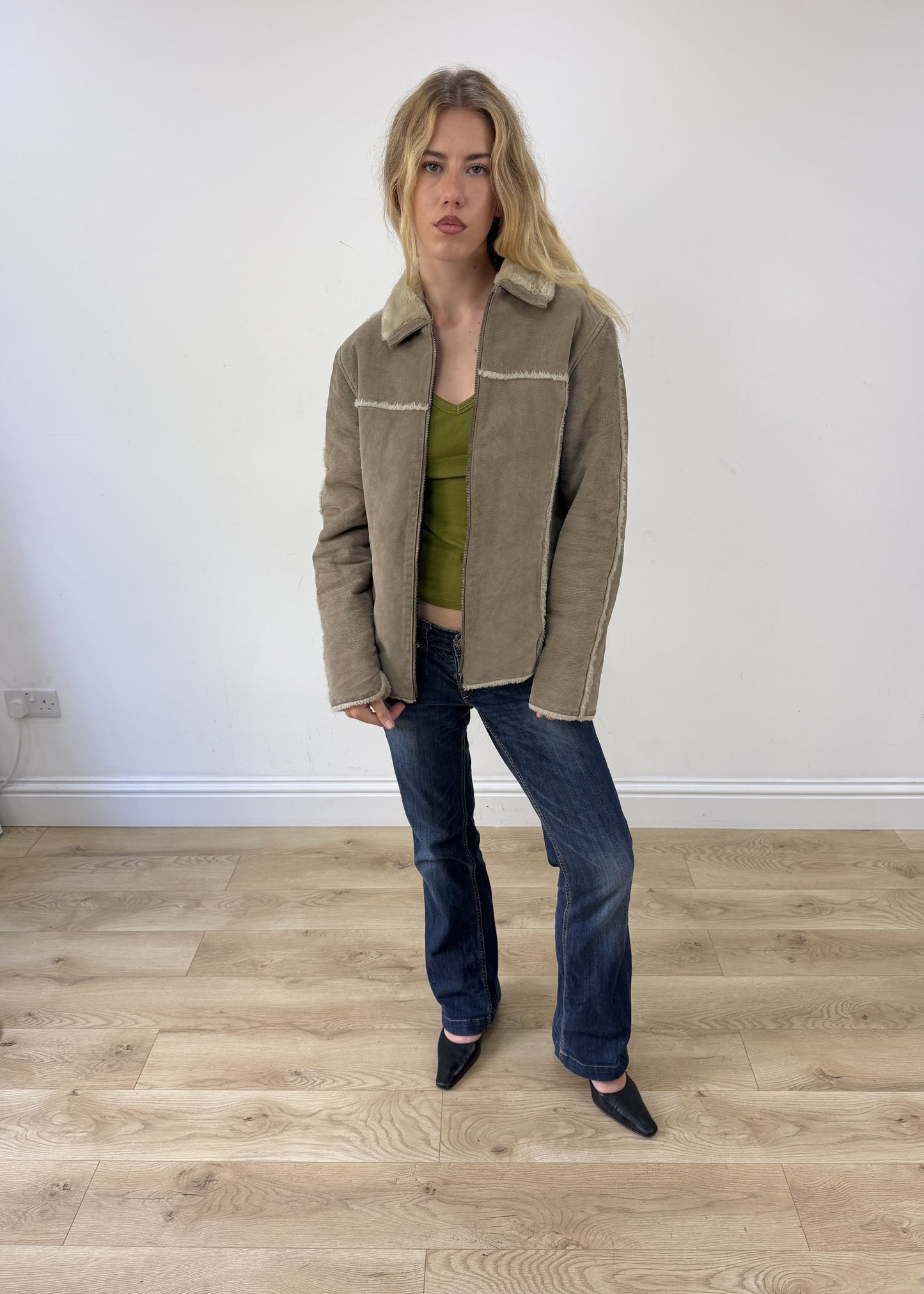 medium grey suede style zip up jacket photo 4