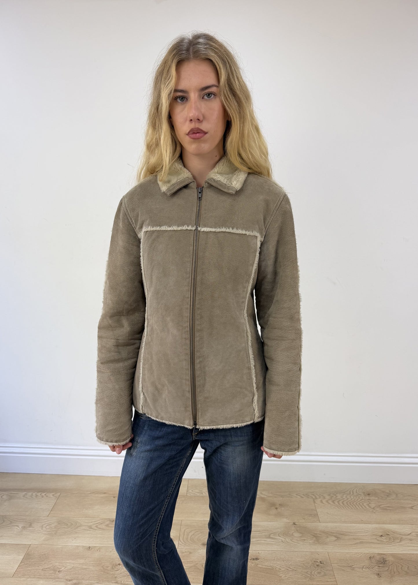 medium grey suede style zip up jacket photo 8