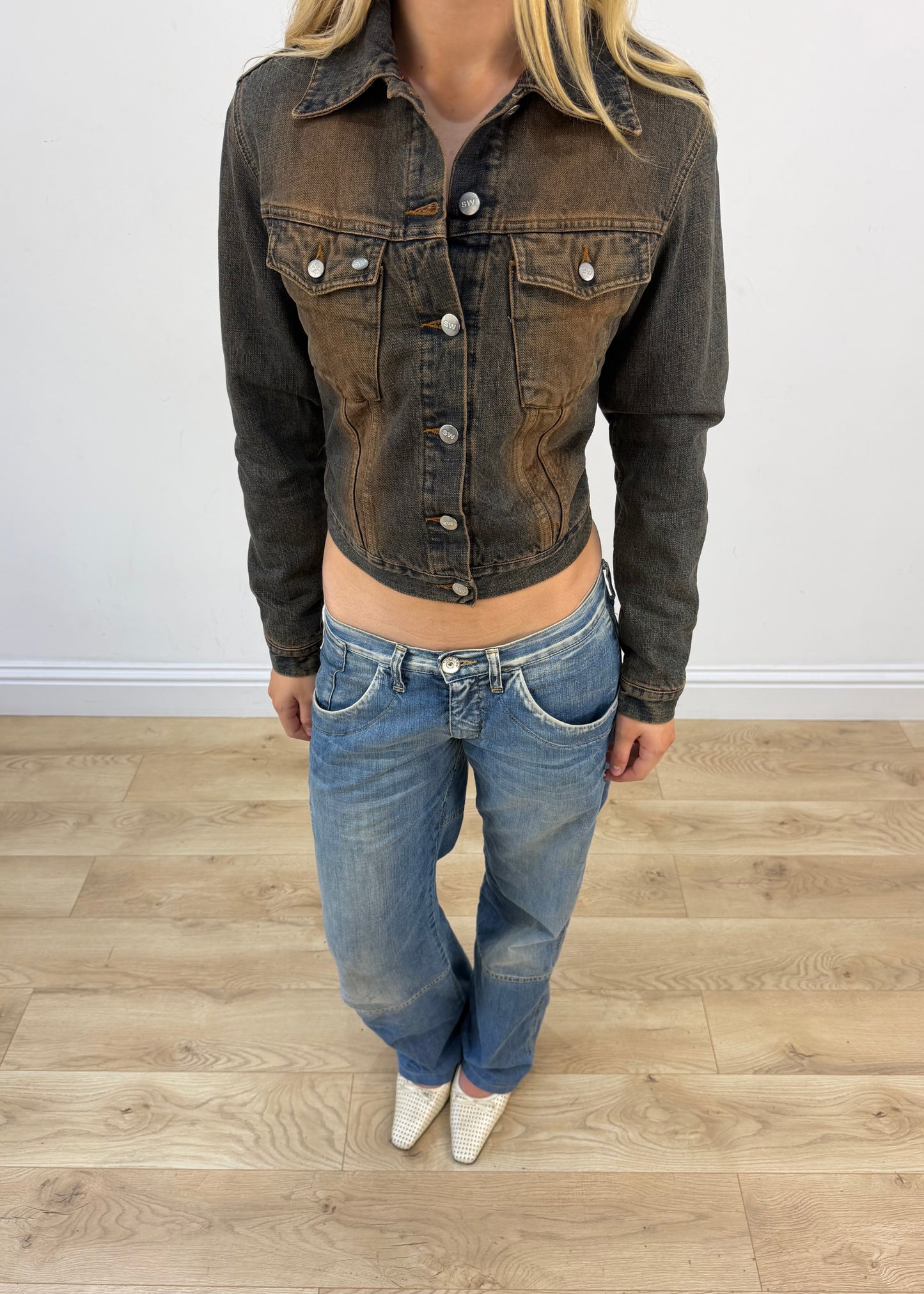 small acid wash denim button up jacket image 2