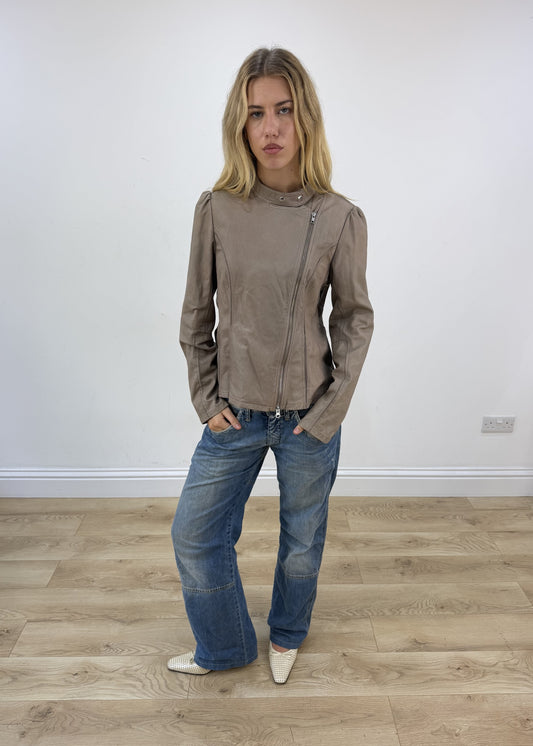 small beige asymmetric leather jacket front