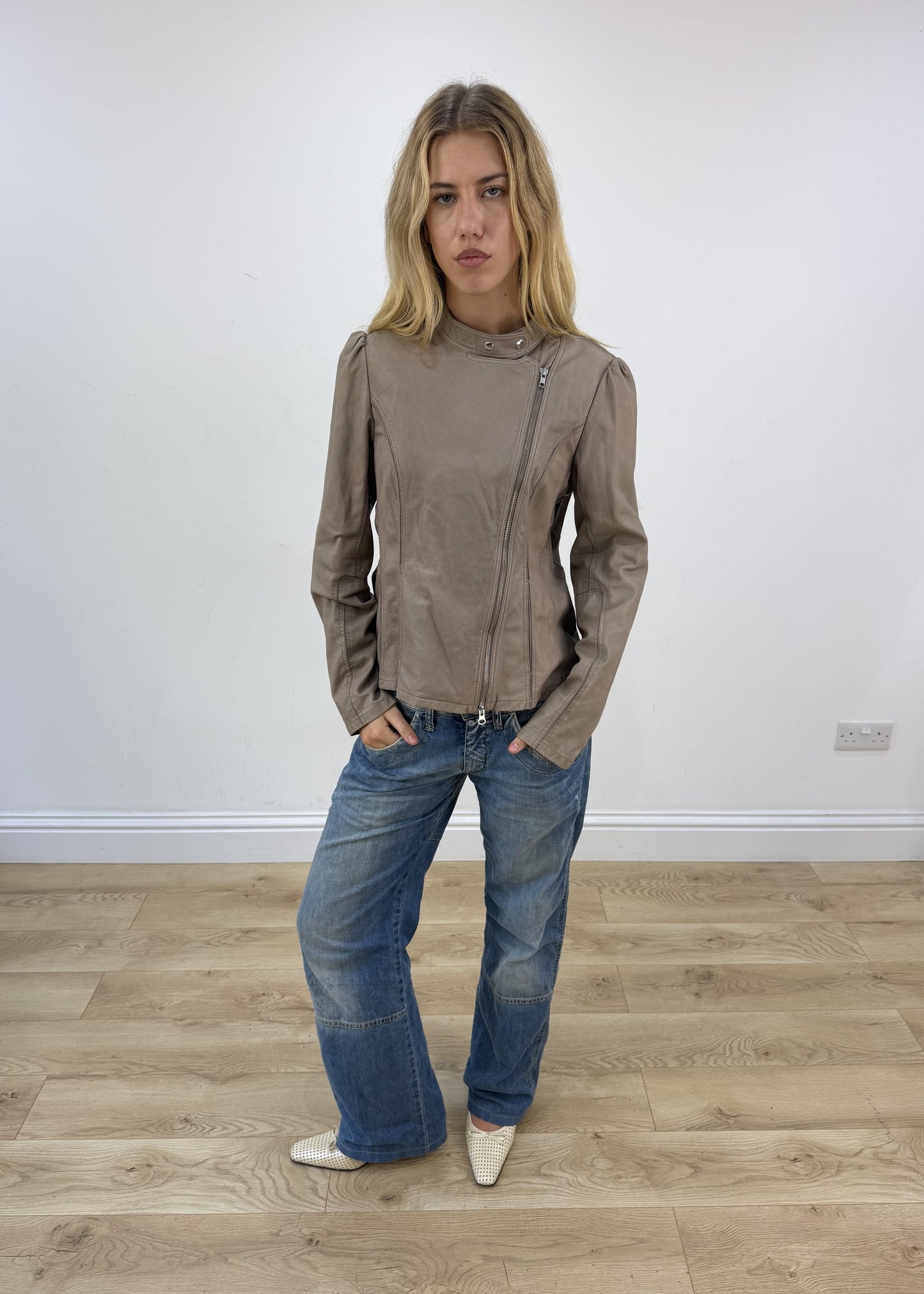 small beige asymmetric leather jacket front