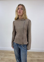 small beige asymmetric leather jacket close front