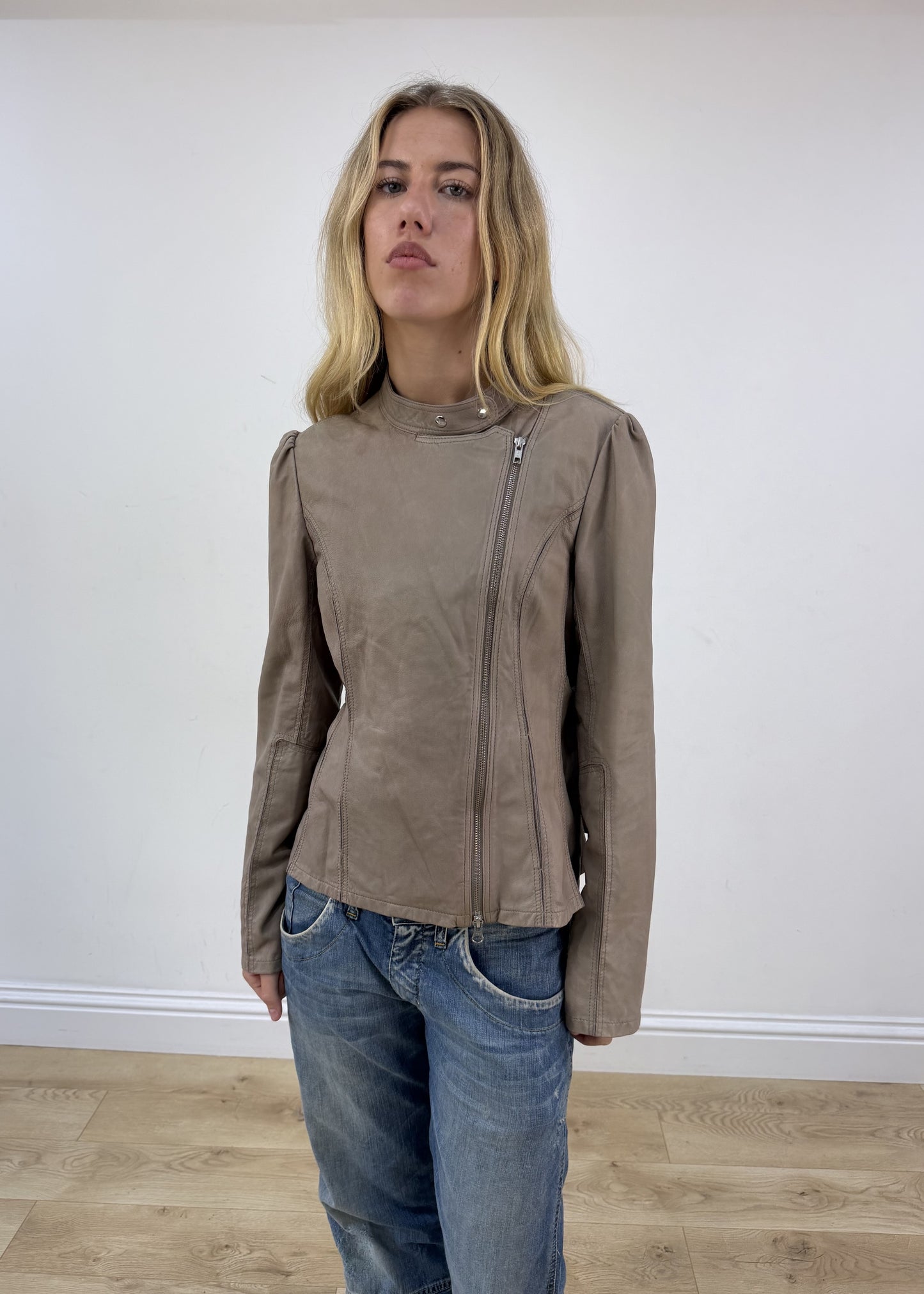 small beige asymmetric leather jacket close front