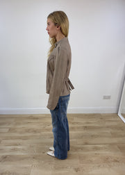 small beige asymmetric leather jacket left side