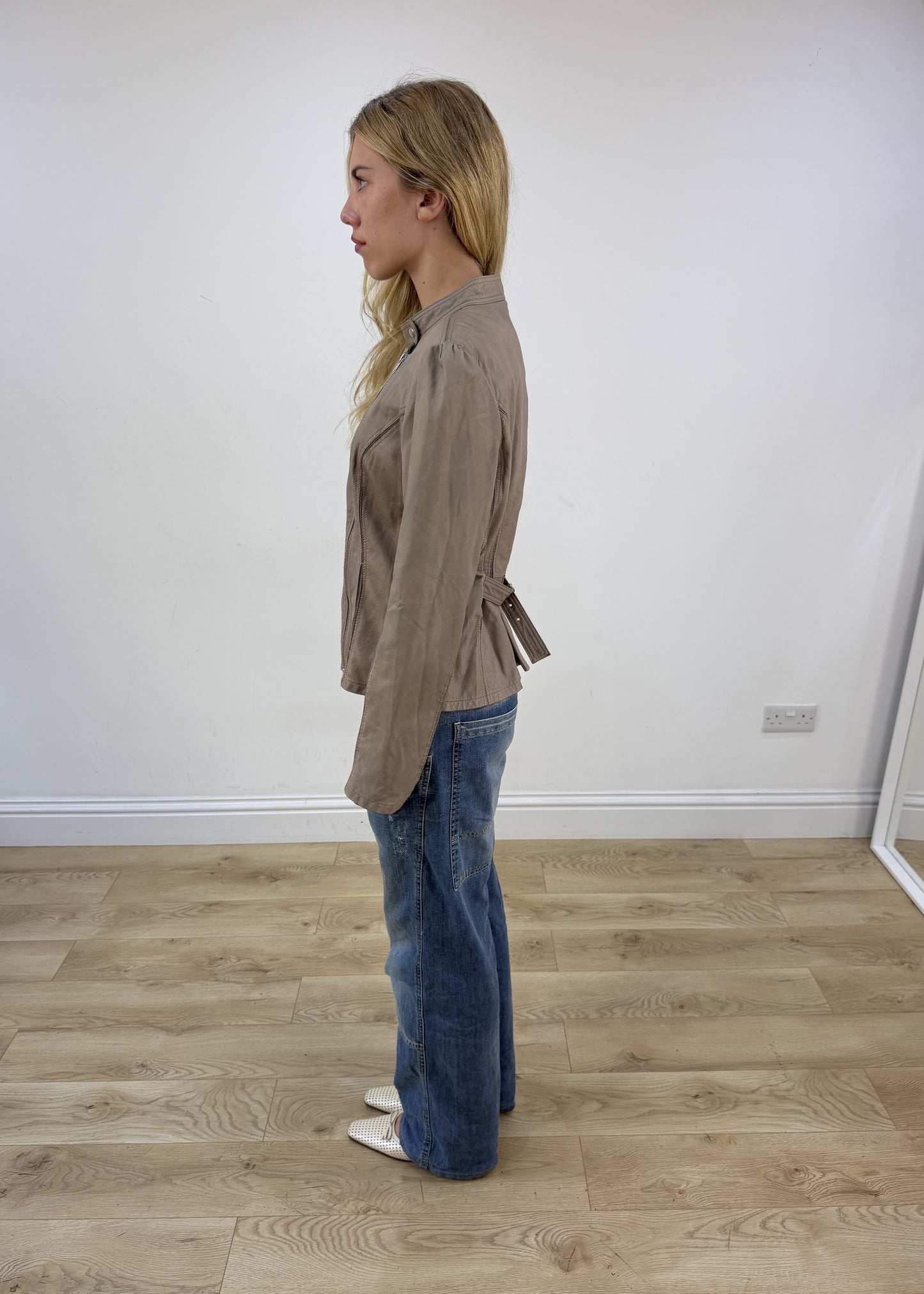 small beige asymmetric leather jacket left side