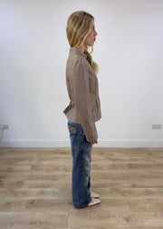 small beige asymmetric leather jacket right side