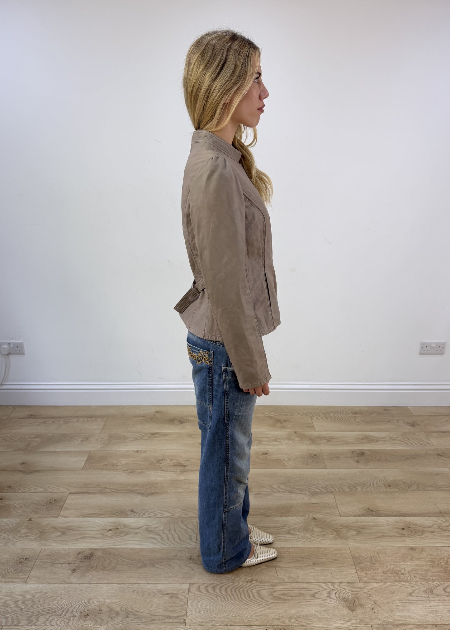 small beige asymmetric leather jacket right side