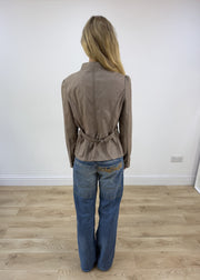 small beige asymmetric leather jacket back