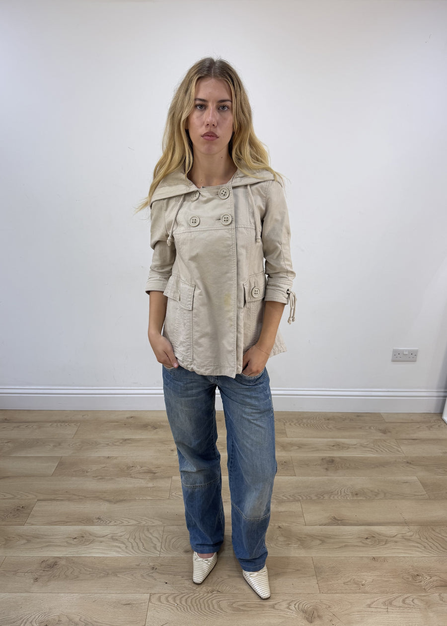 small beige hooded peacoat jacket front