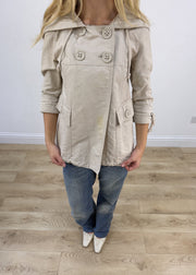 small beige hooded peacoat jacket aesthetic detail