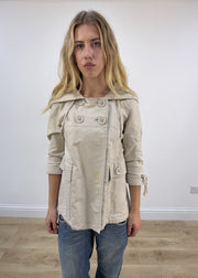 small beige hooded peacoat jacket close front