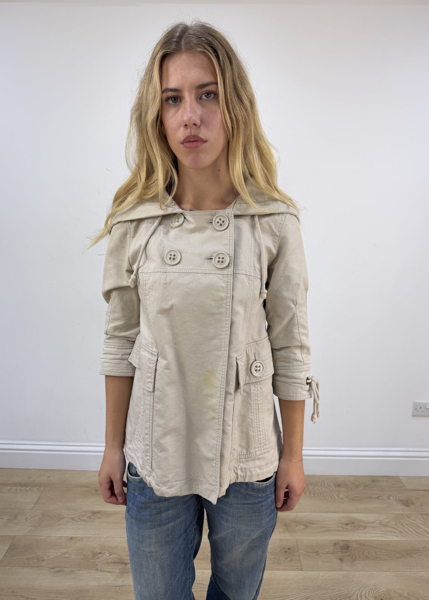 small beige hooded peacoat jacket close front
