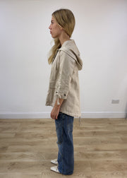 small beige hooded peacoat jacket left side