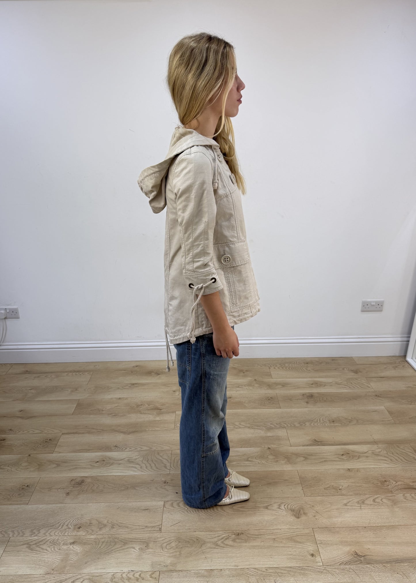 small beige hooded peacoat jacket right side