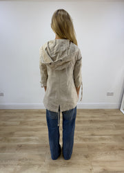small beige hooded peacoat jacket back