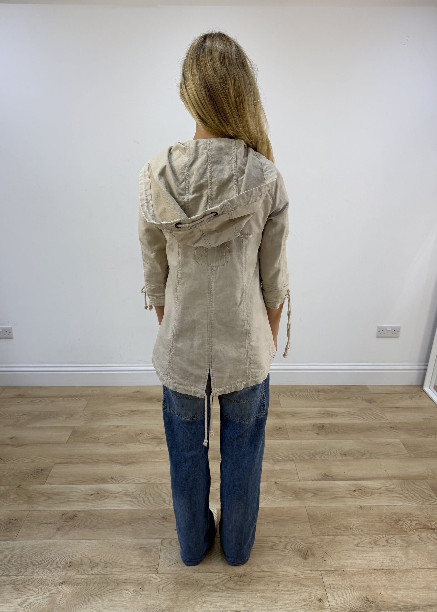 small beige hooded peacoat jacket back