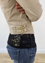 small beige leather zip jacket gold buckle detail