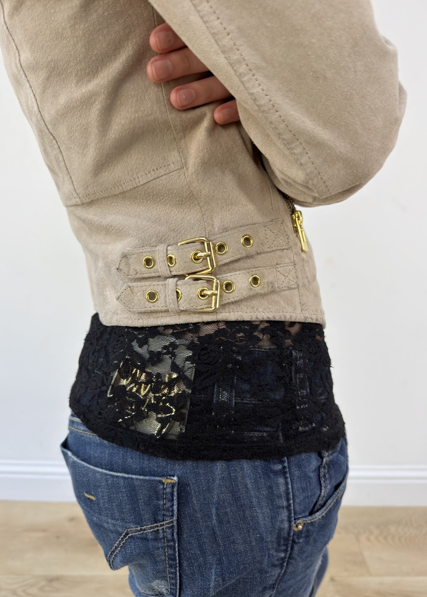 small beige leather zip jacket gold buckle detail