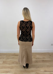 small beige midi skirt with eyelet detail back