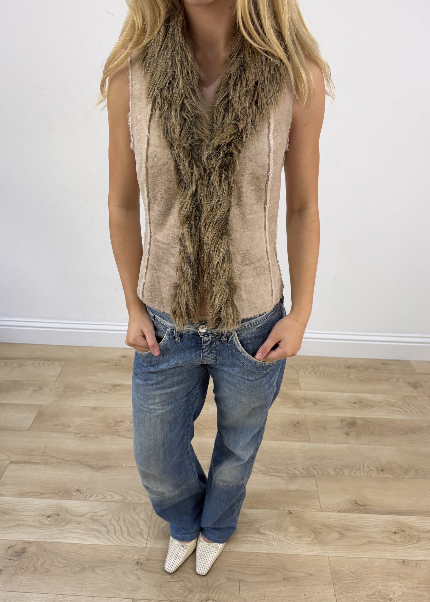 small beige orsay faux fur gilet aesthetic detail