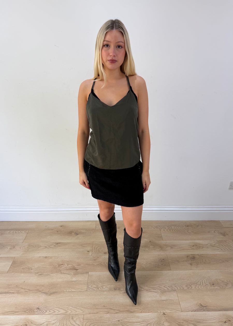 small black corduroy mini skirt front