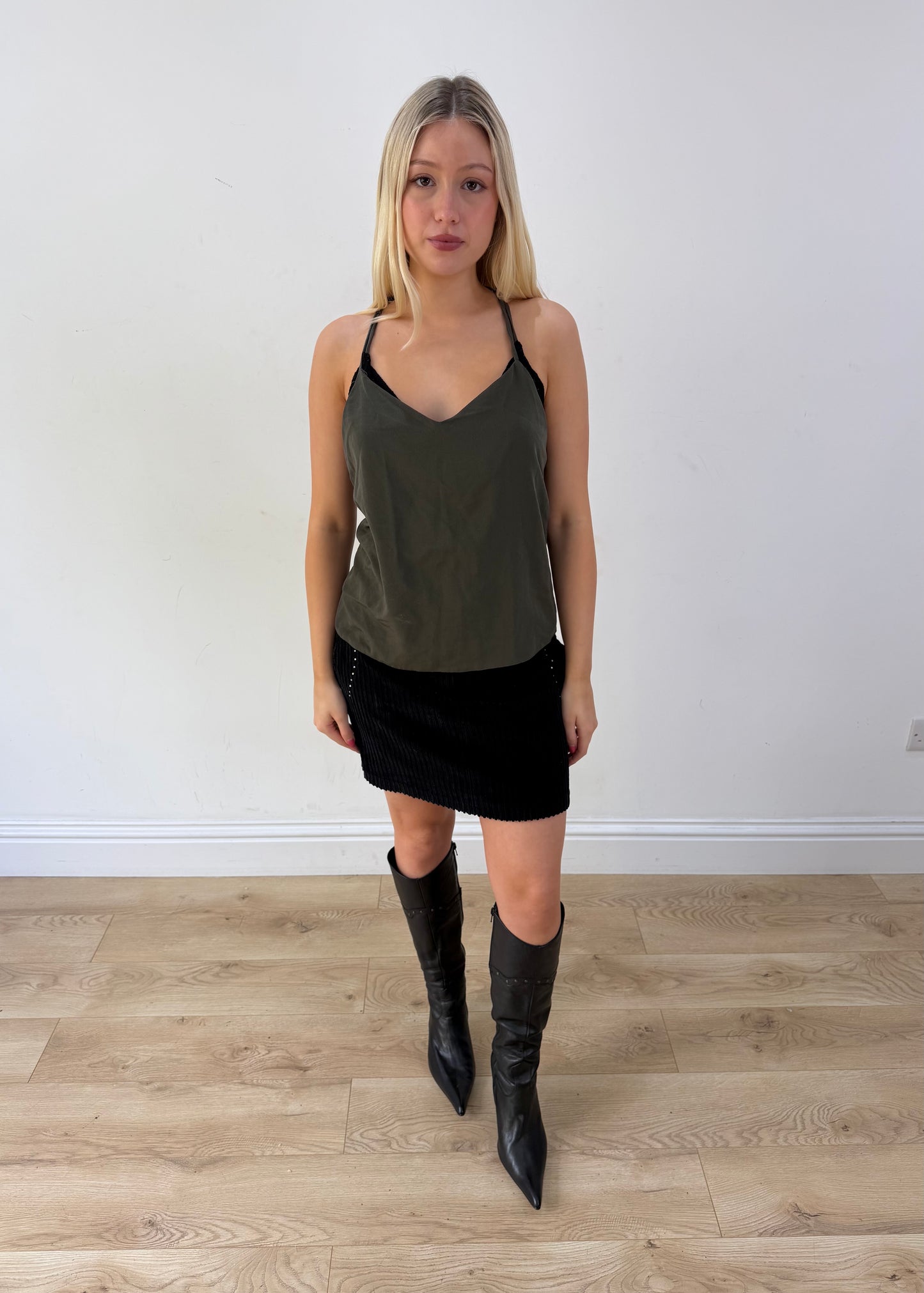 small black corduroy mini skirt front