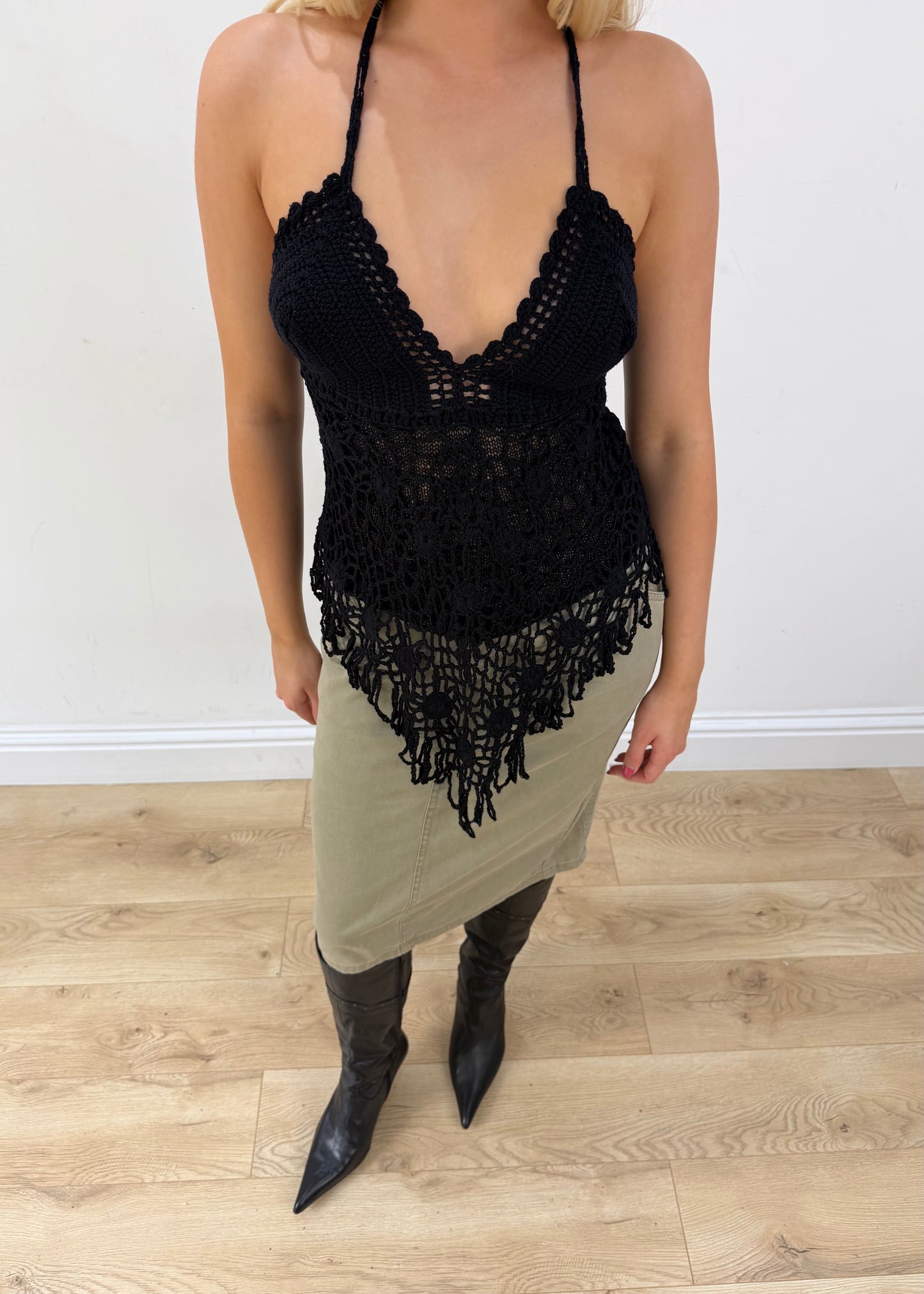 small black crochet halterneck top aesthetic headless