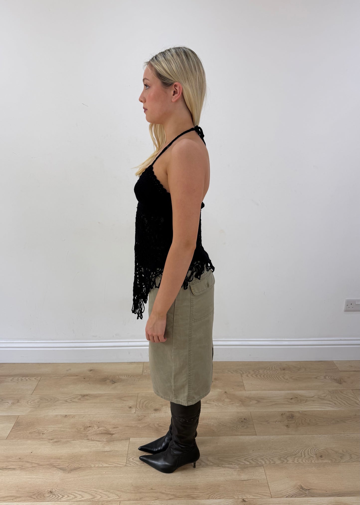 small black crochet halterneck top side
