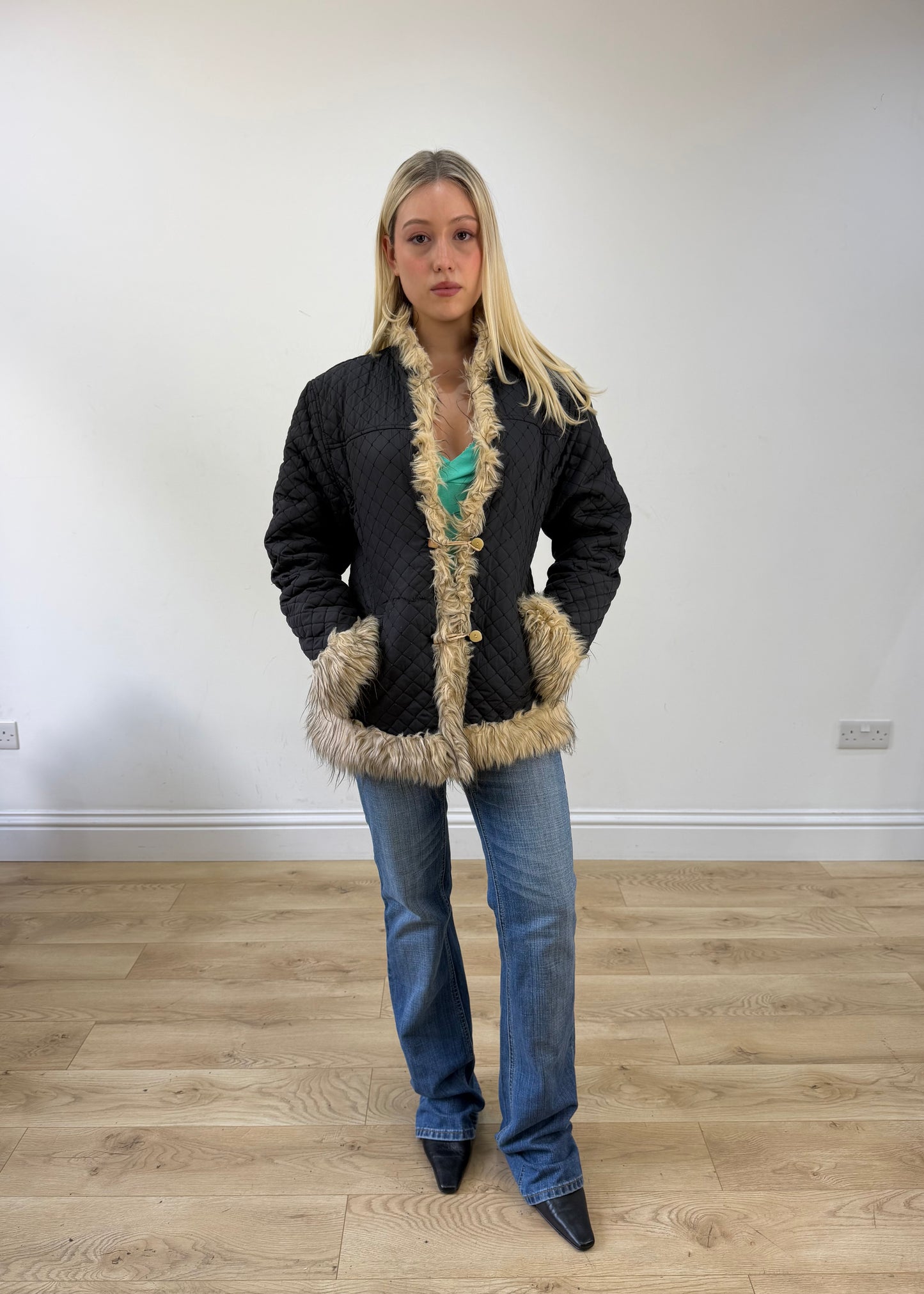 small black faux fur trim quilted jacket image 1