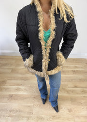 small black faux fur trim quilted jacket image 2