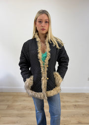 small black faux fur trim quilted jacket image 3